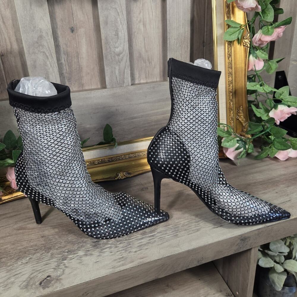 Steve Madden Killoy Sock Rhinestone Mesh Ankle Boots Black Women's 8 EU 38.5